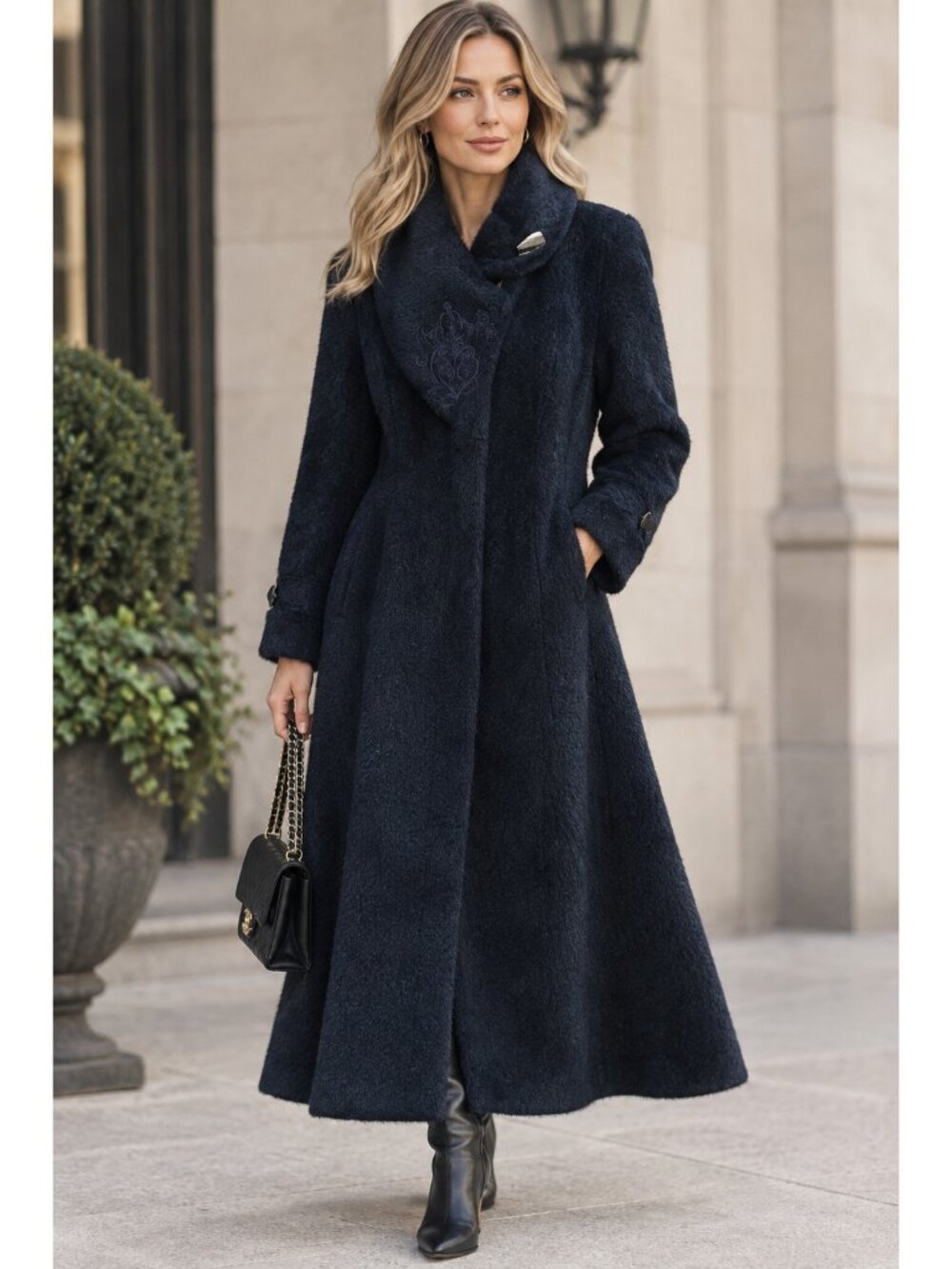 Vintage Vanni Outerwear Wool Mohair Dark Navy Blue Embroidered Coat L